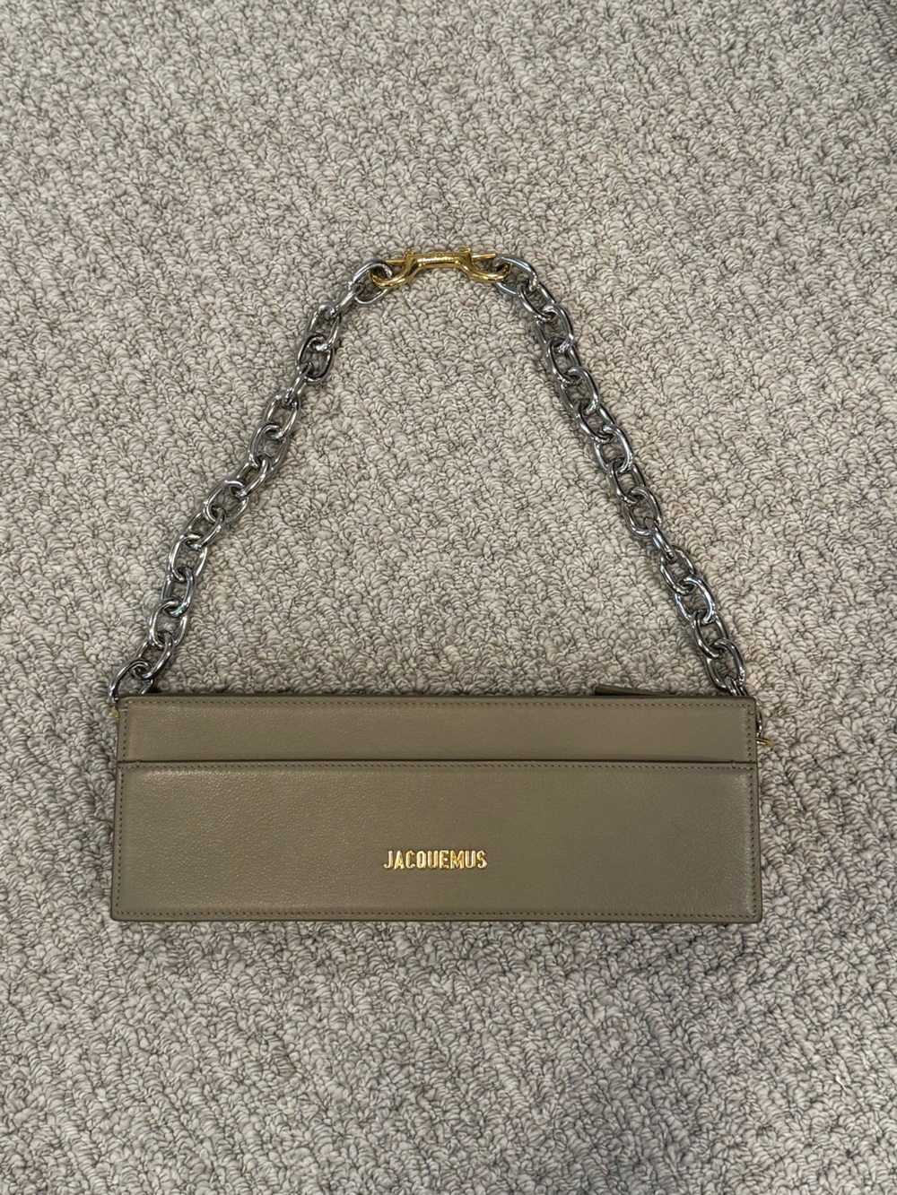 Jacquemus Olive Taupe Leather Shoulder Bag with Two-Tone Chain